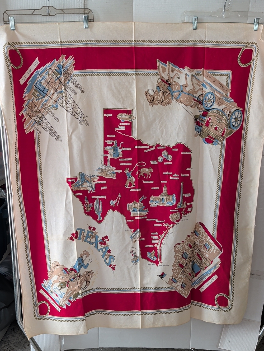 VTG Texas State Map Cream & Red Table Cover Decor Square 54" Lonestar Cowboy